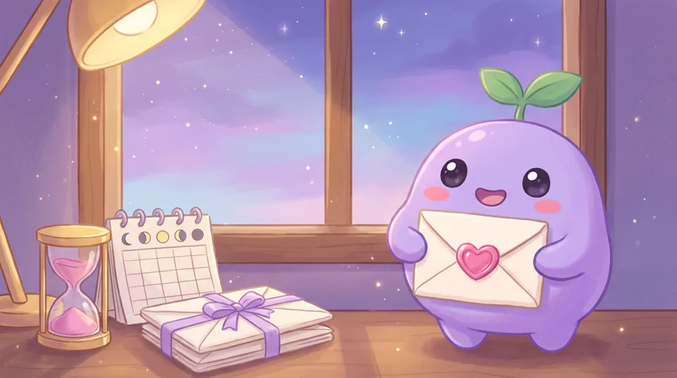 The dreamling holding up a cream envelope sealed with a pink wax heart, an hourglass beside it
