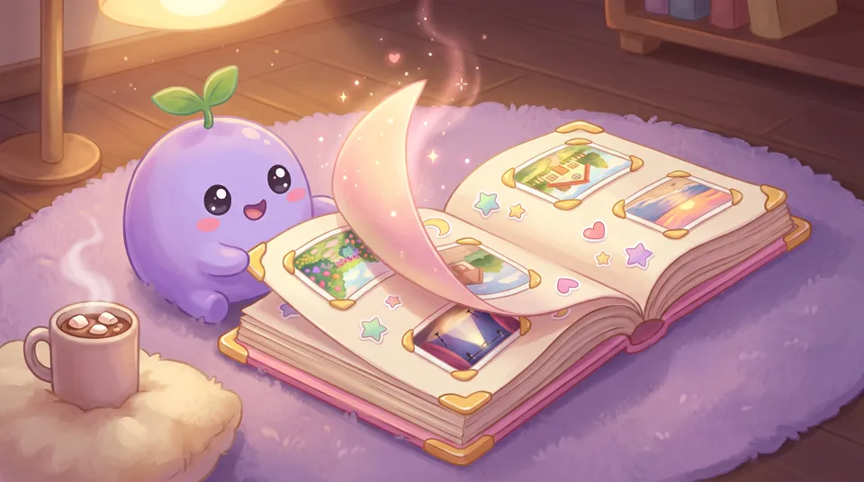 The dreamling turning the page of a scrapbook album full of small framed scenes